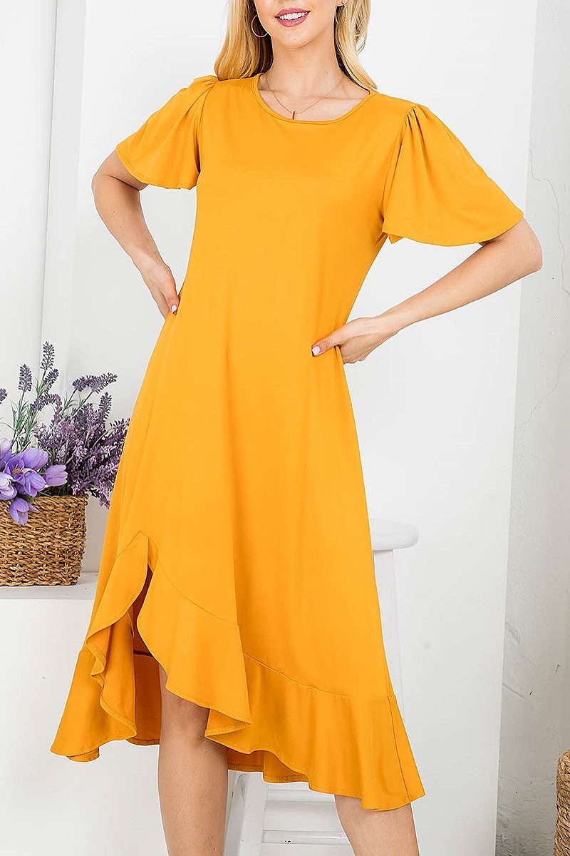 Flutter sleeve ruffle hem asymmetrical hem midi dress (DED7828)