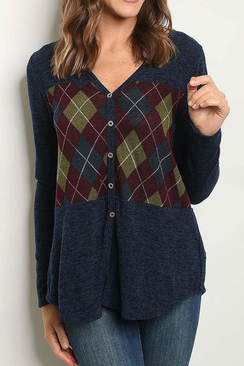 Long sleeve button down plaid color block sweater (DGS4829-2)