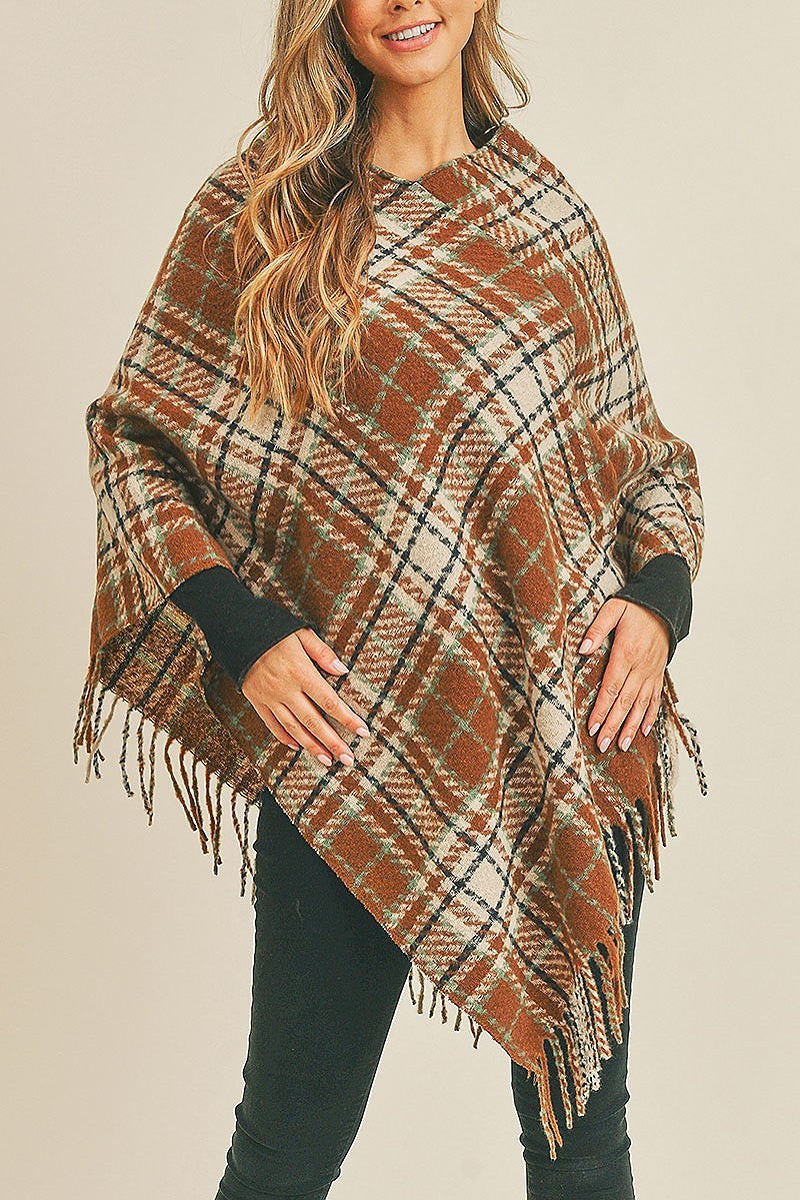 Multi plaid poncho with fringe (DGS5736)