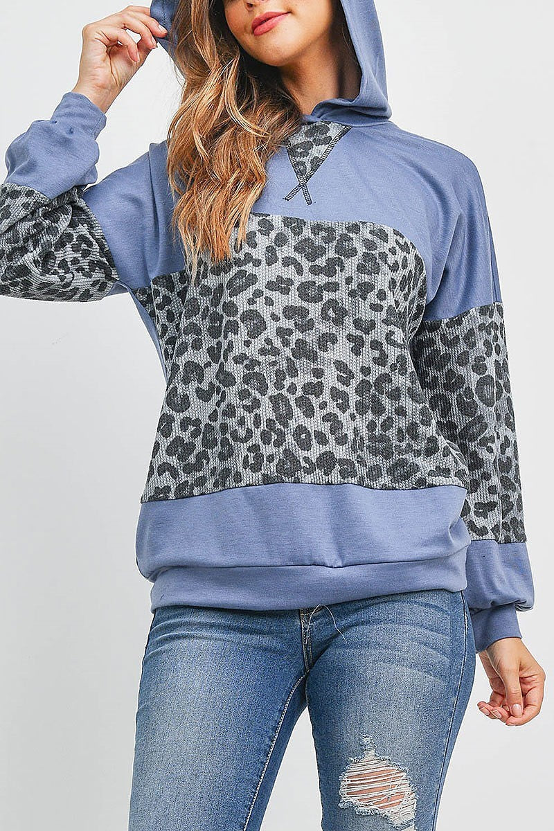 Rib leopard contrast puff sleeve hoodie (EF2038)