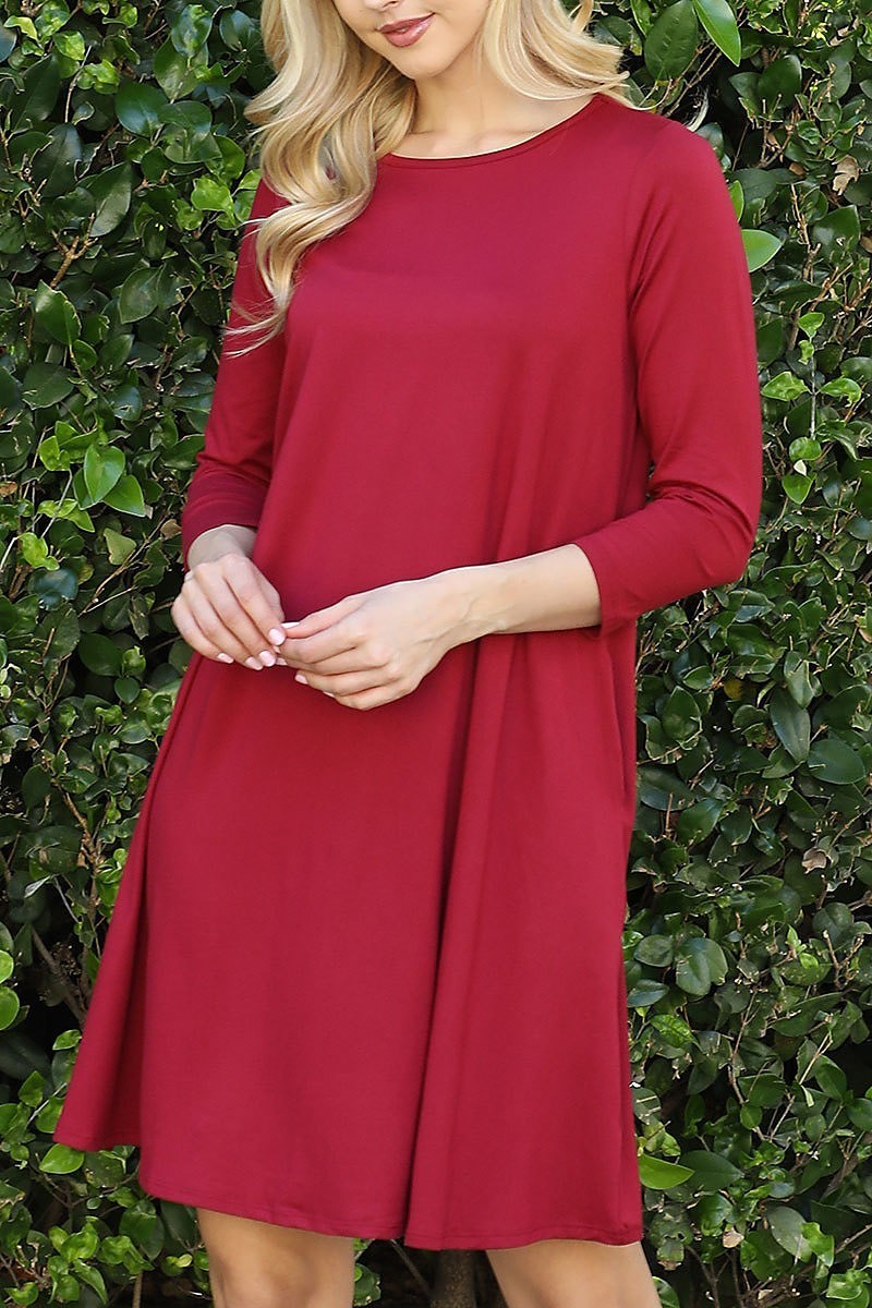 Solid quarter sleeve round neck dress (DED8892-2)