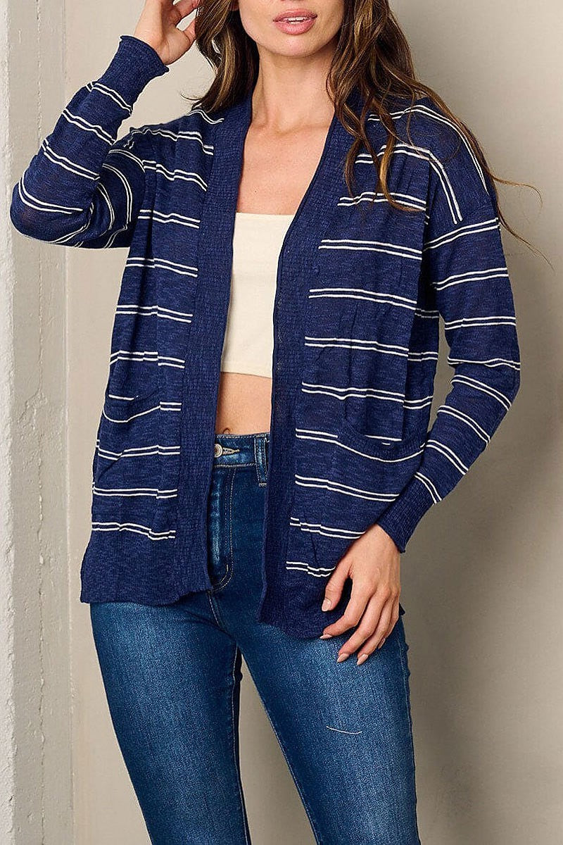 Long sleeve open front pockets stripes cardigan (EFWT2840)