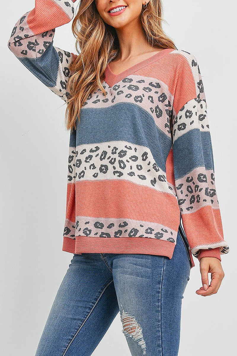 Leopard contrast v neck color block long sleeve top (EF2006)