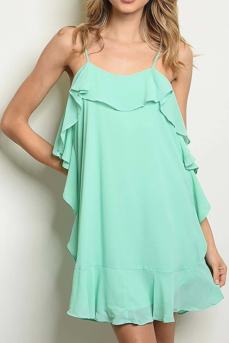 Spaghetti strap ruffle chiffon solid woven dress (DED1002-LAST)