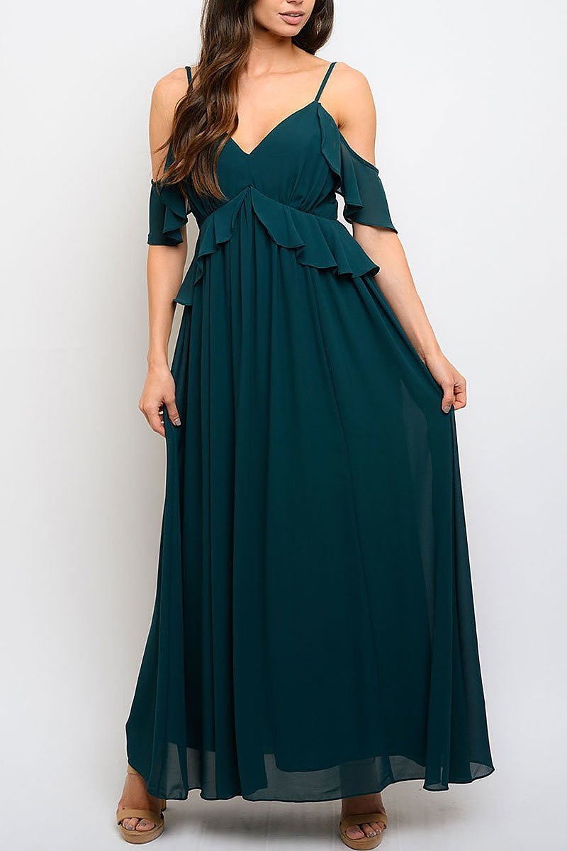 Cold shoulder ruffle maxi dress (EDWT3397)