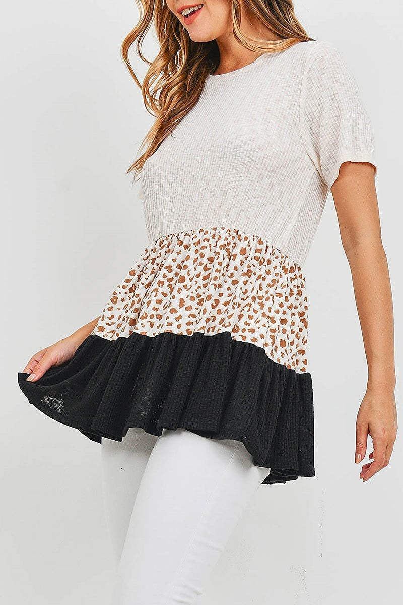 Leopard print rib contrast top (EF1033)