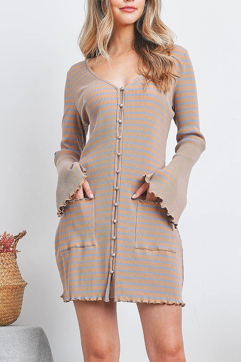 Stripe ribbed knit button front dress (DED6918)