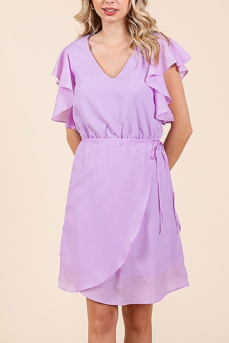 Solid ruffle sleeve wrap style mini dress (EDH2243)