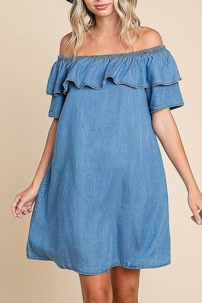 Chambray off-shoulder frilled neckline mini dress (EDH1629)