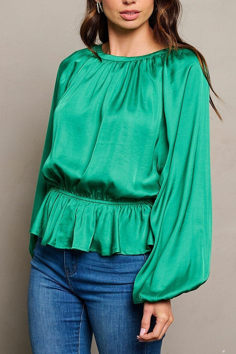 Long sleeve elastic waist peplum ruffle blouse top (EGWT1712)