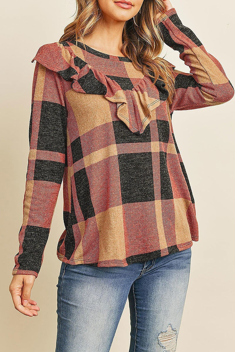 V shaped brushed plaid ruffle detail long sleeve top (ED8231)