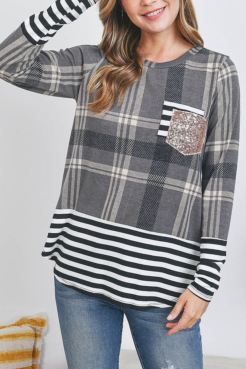 Plaid stripes contrast sequin stripes pocket top (EF2586)