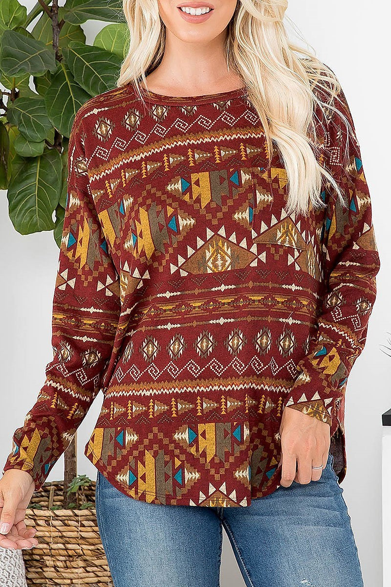 Boho print long sleeve dolhpin hem top (EF2413)