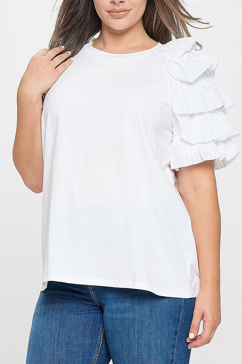 Plus size one sleeve layered ruffle solid top (XDG8262)