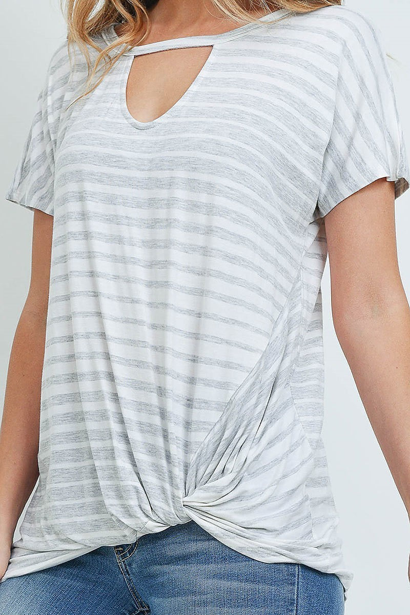 Short sleeve keyhole stripe tunic blouse top (ED8859-2)