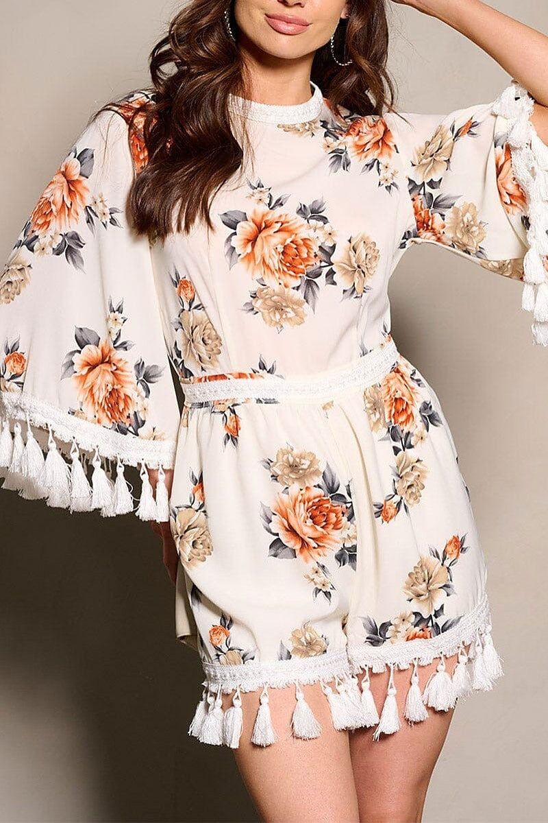 3/4 sleeves open back tassel floral romper (EFWT9417)