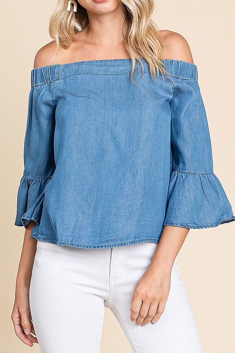 Chambray elastic off shoulder top (EDH1637)