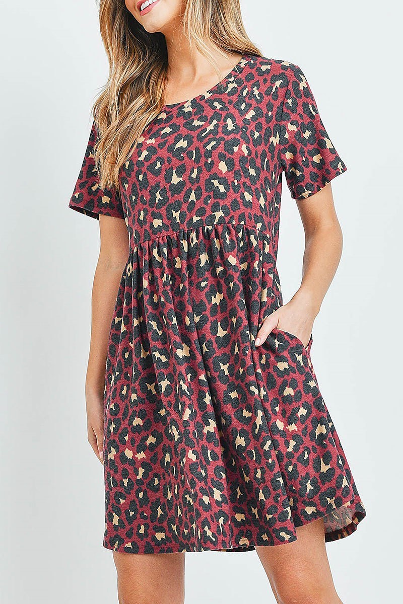 Cinch waist short sleeves on seam pocket leopard dress (DED6081)