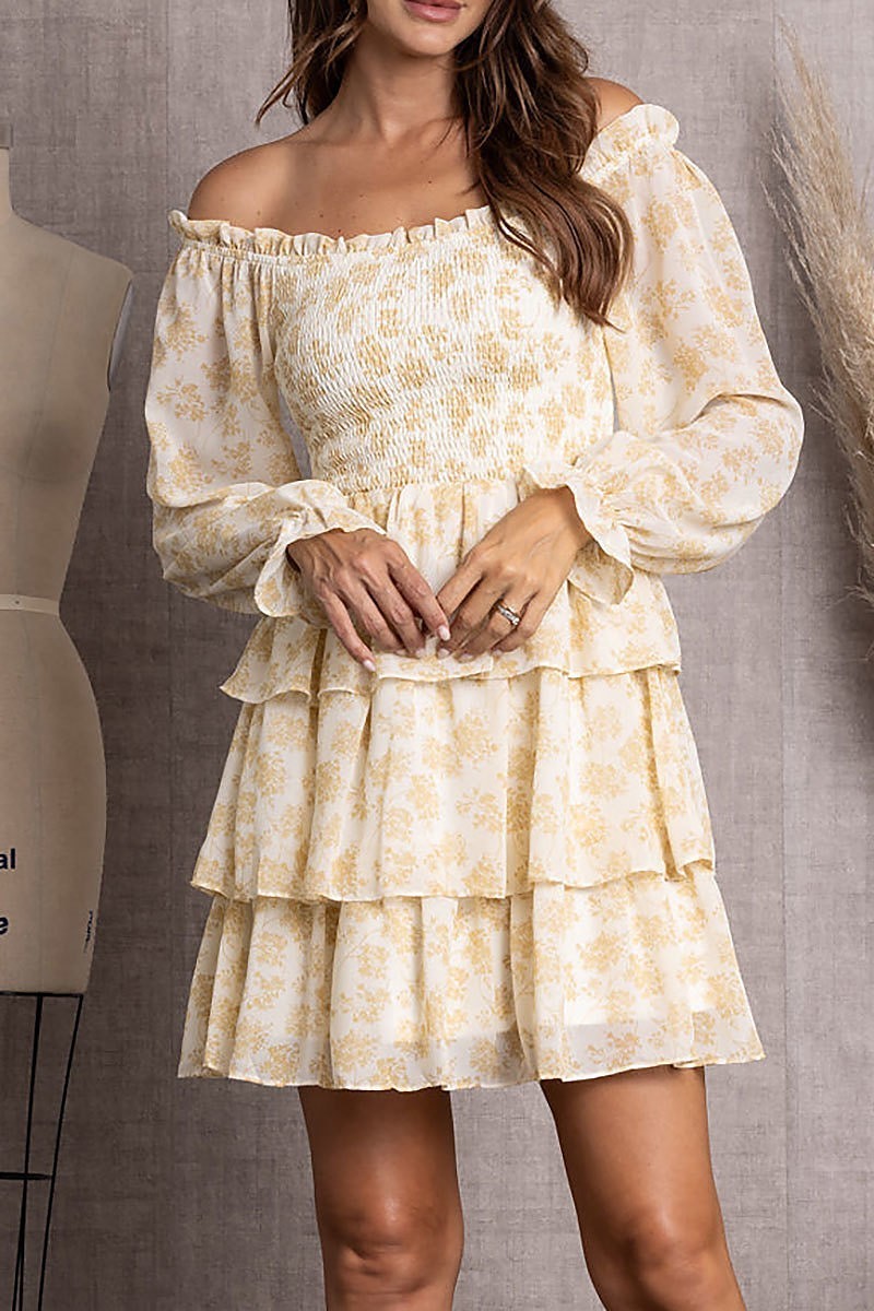 3/4 sleeve woven print smocked midi dress (EDSW3422)