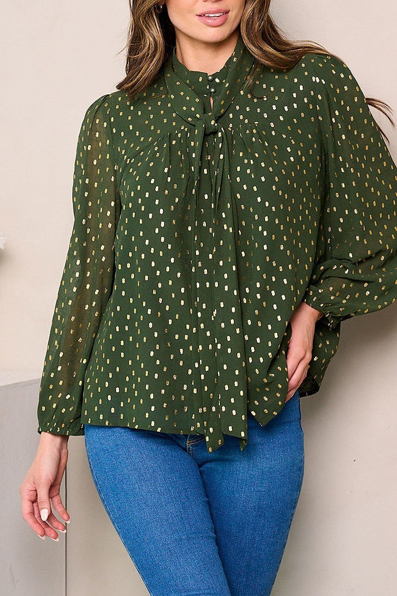 Long sleeve neck tie shimmer detailed blouse top (EFWT3793)