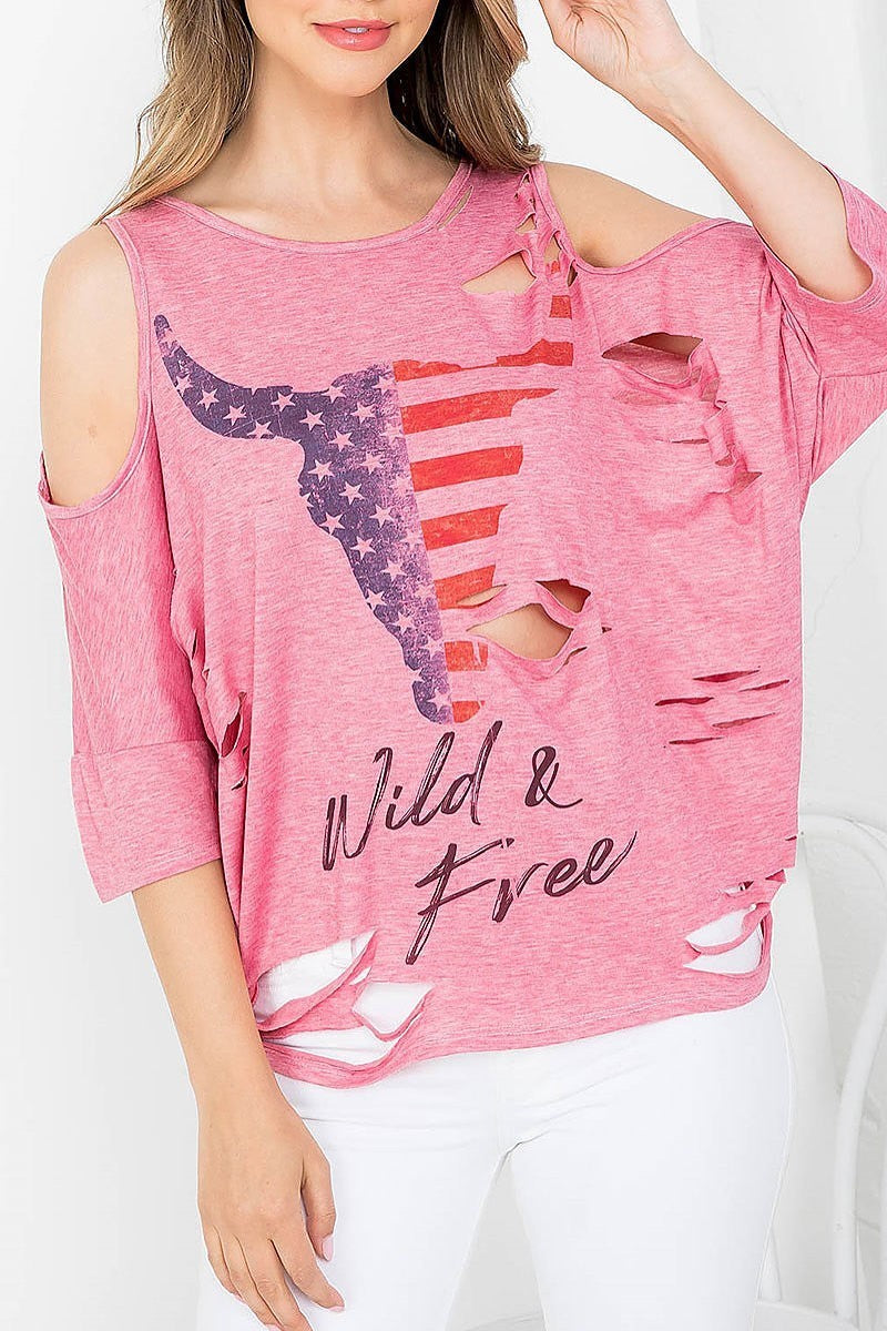 American bull head print wild n free distressed batwing top (EF3696)