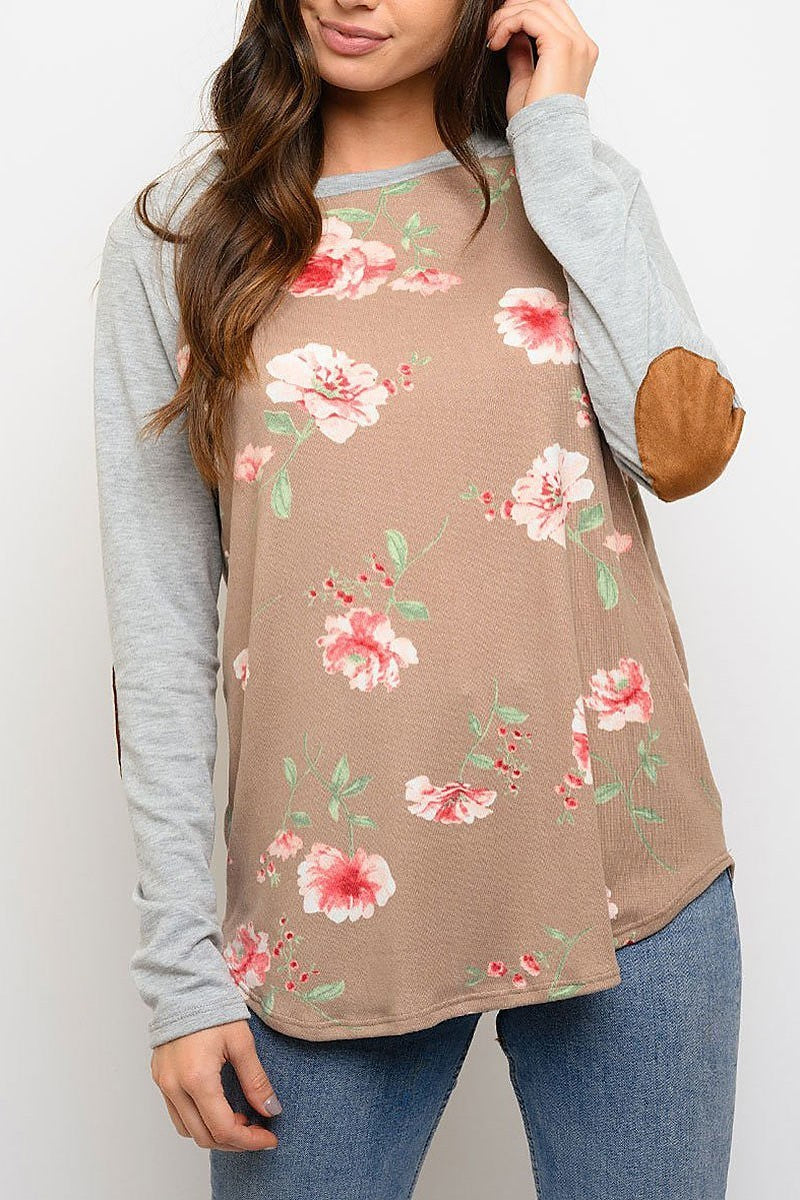 Floral elbow patches long sleeve top (EDWT3333)