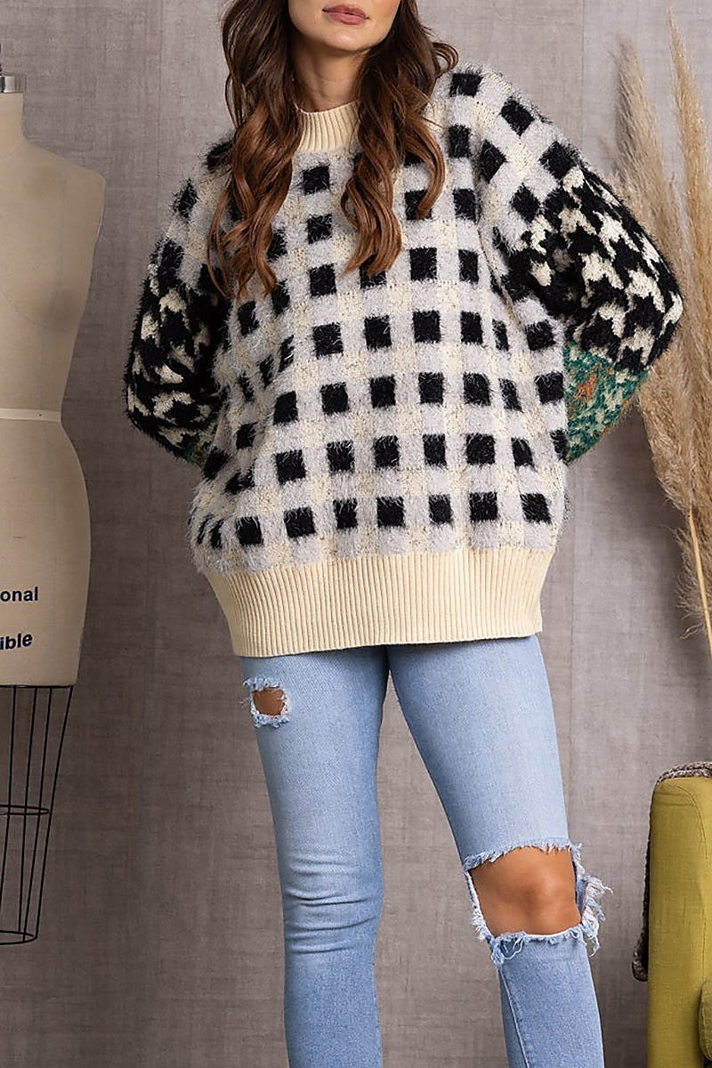 Fuzzy plaid wrap sweater (EDSW3634)