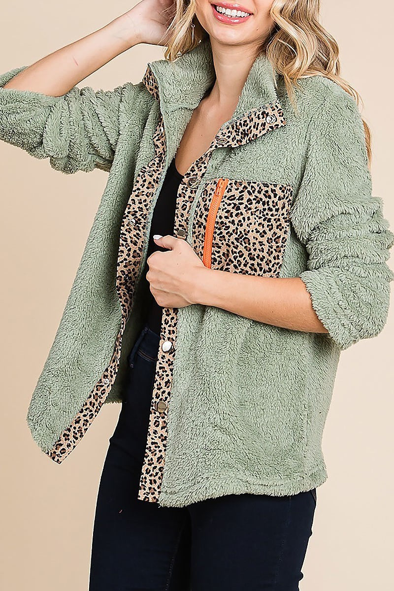 Faux fur buttoned down jacket with leopard placket (EDH1875-1)