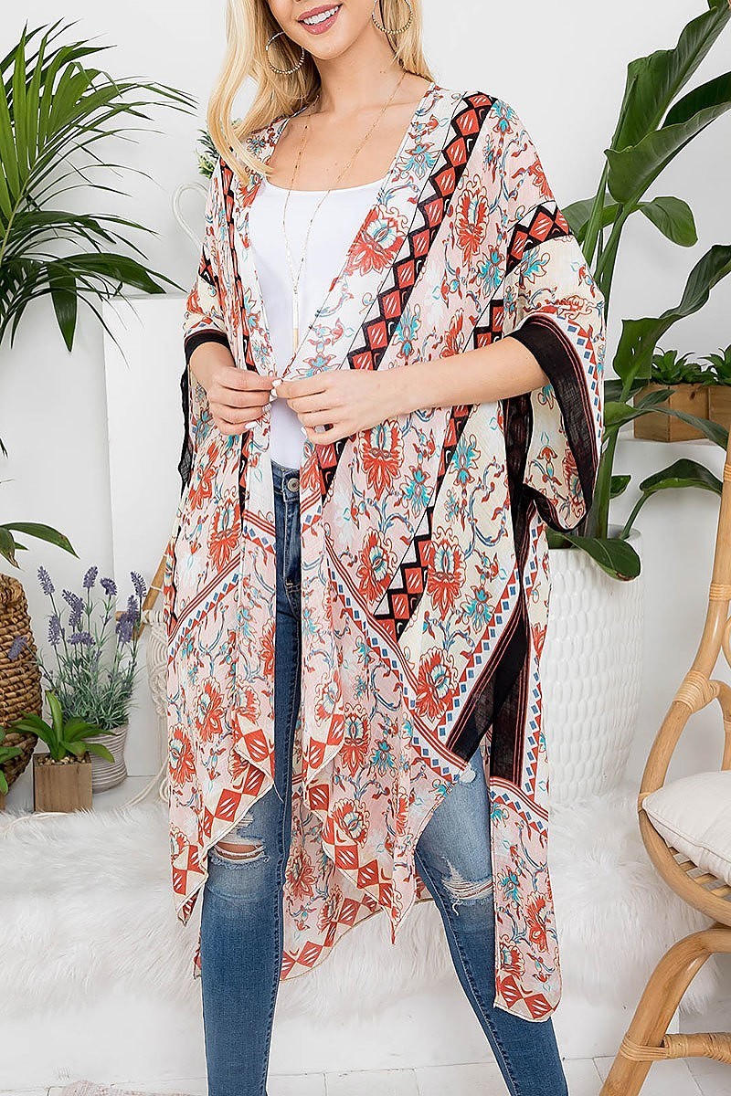 Floral print knee length boho kimono (EF3444)