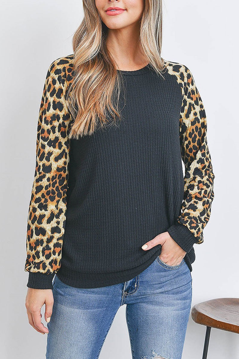 Leopard raglan sleeve knit waffle top (EF2695)