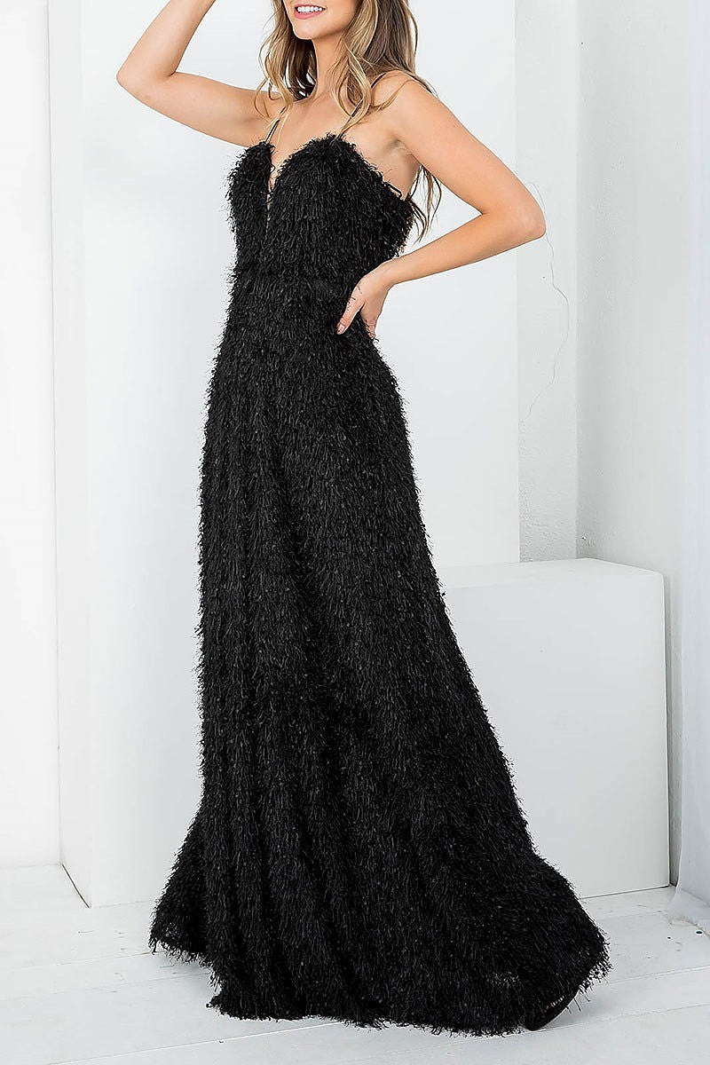 Sweetheart neck furry maxi dress (DED7484)