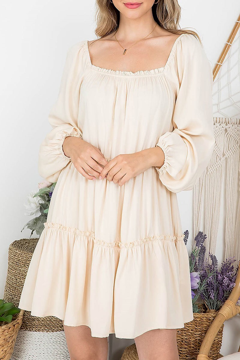 Square neck bubble sleeve tiered dress (DED7622)