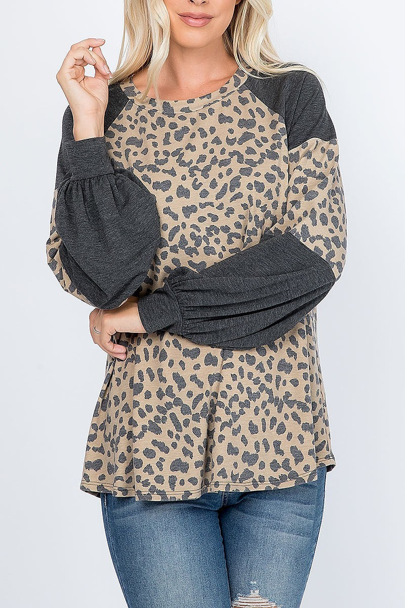 Puff sleeves leopard contrast top (EF2262)