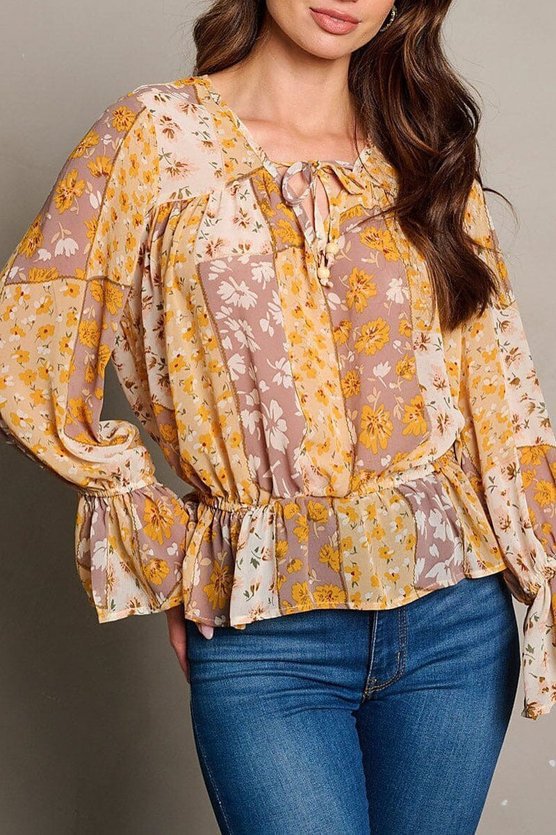 Long bell sleeve neck tie floral peplum blouse top (EGWT2057)