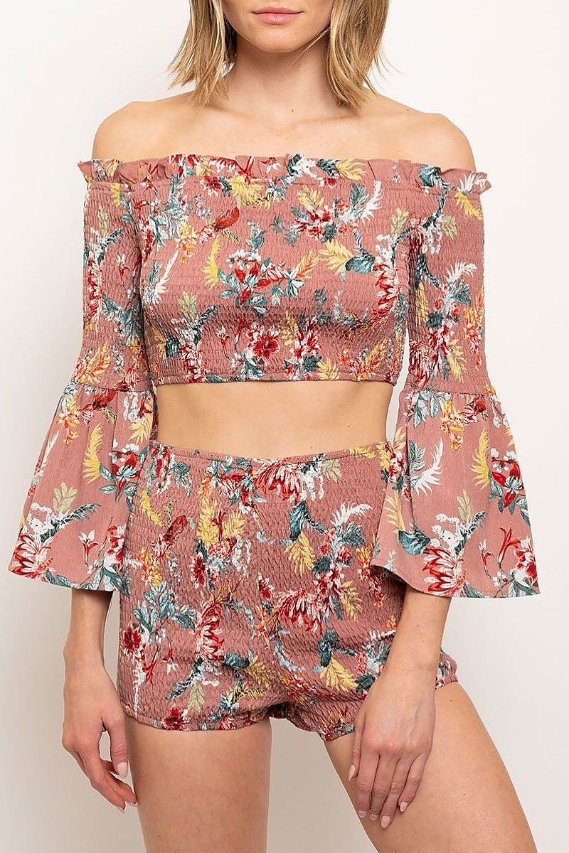 Smoked detail floral print top and shorts set (EDWT2374)