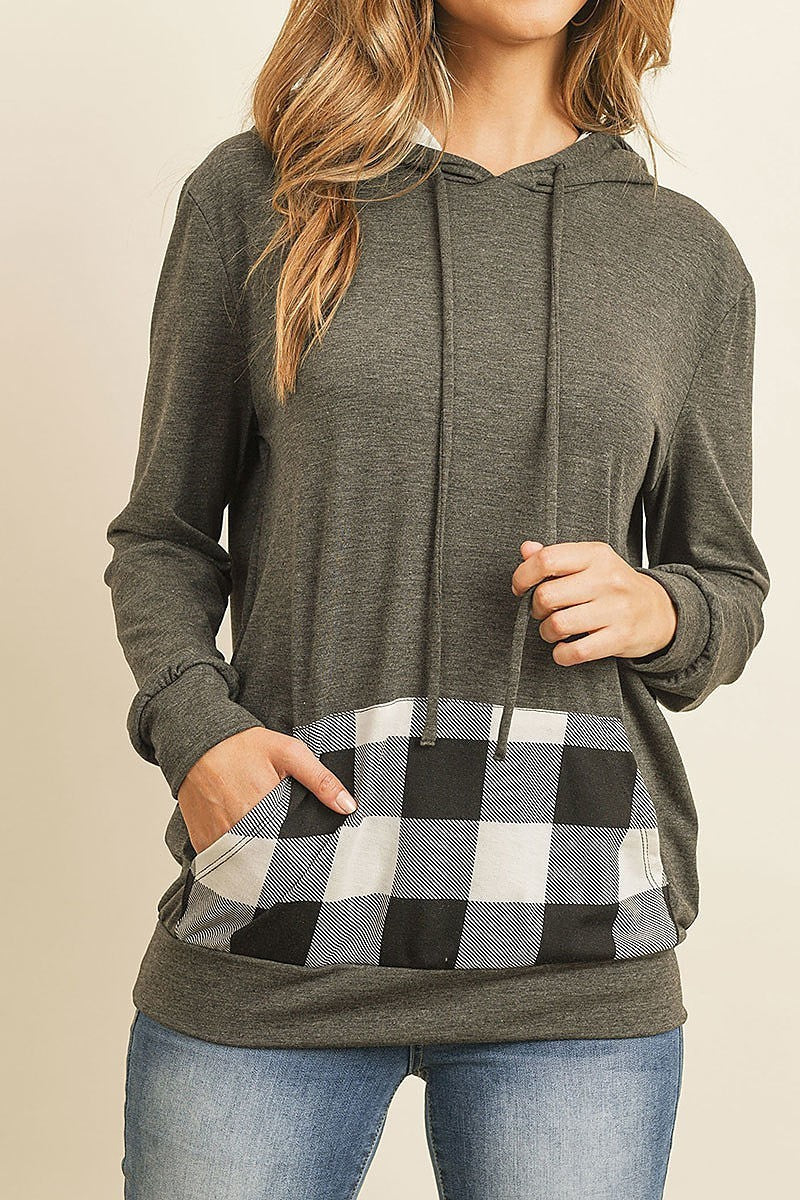 Plaid pocket contrast hoodie with drawstrings (ED8226-1)