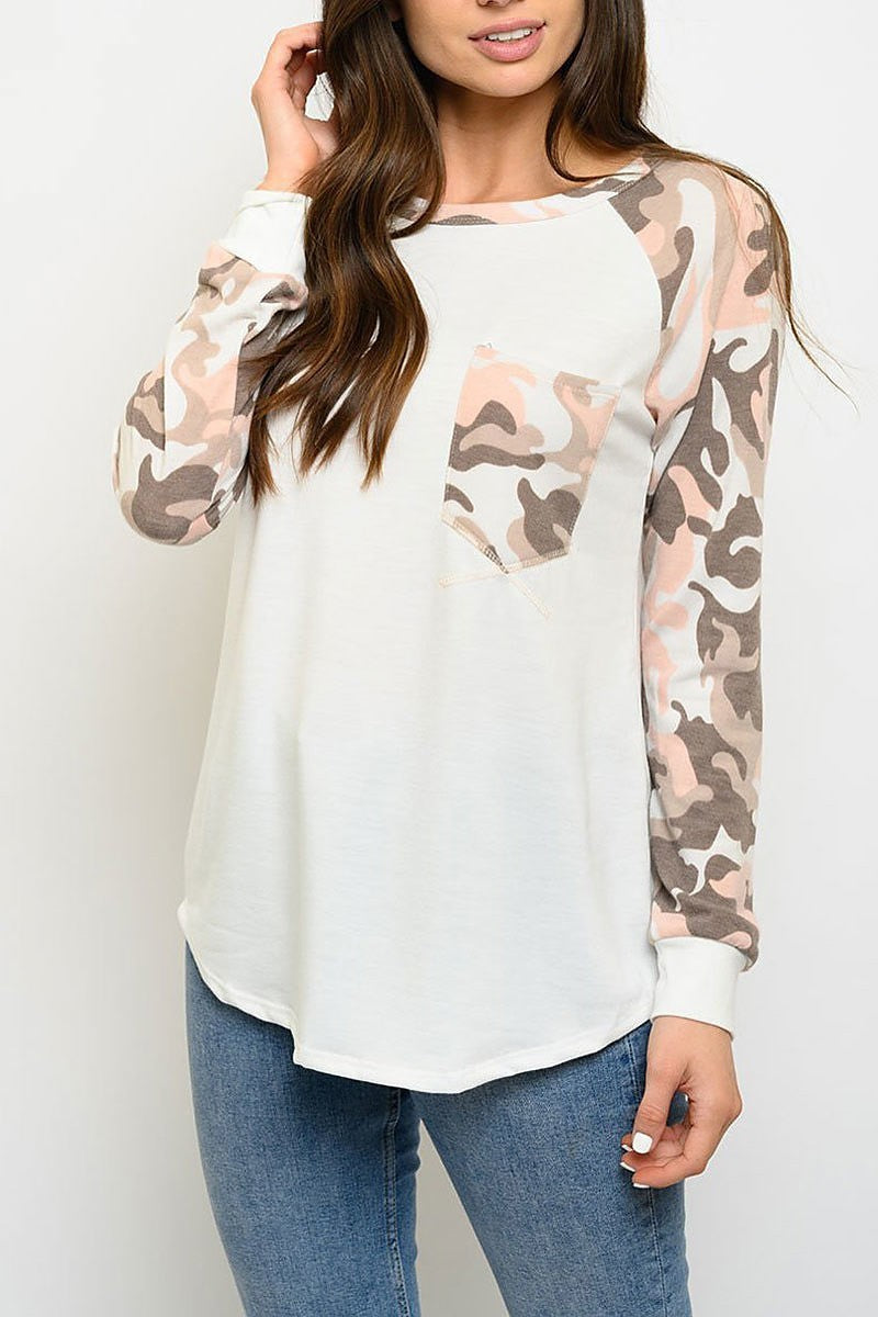 Long sleeve front pocket camo print top (EDWT3054)