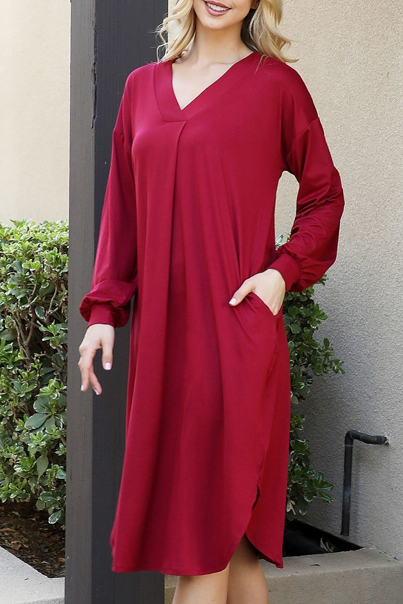 Solid v-neck long sleeve dolphin hem dress (DED8902-2)