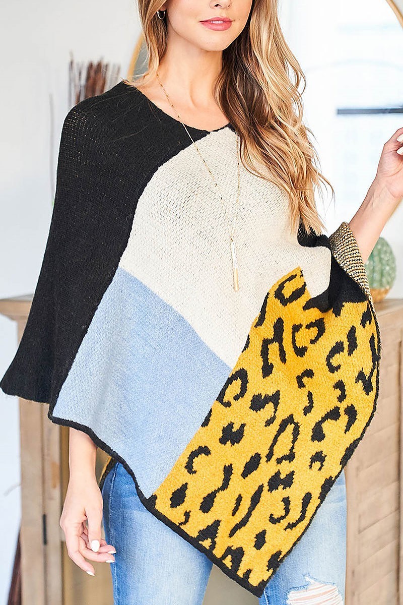 Multi pattern leopard knit soft poncho (DGS5605)