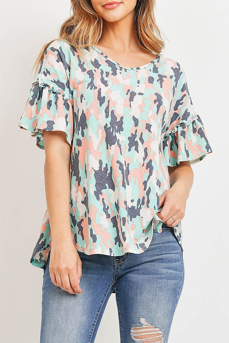 Camo print ruffle sleeve top (ED8929)