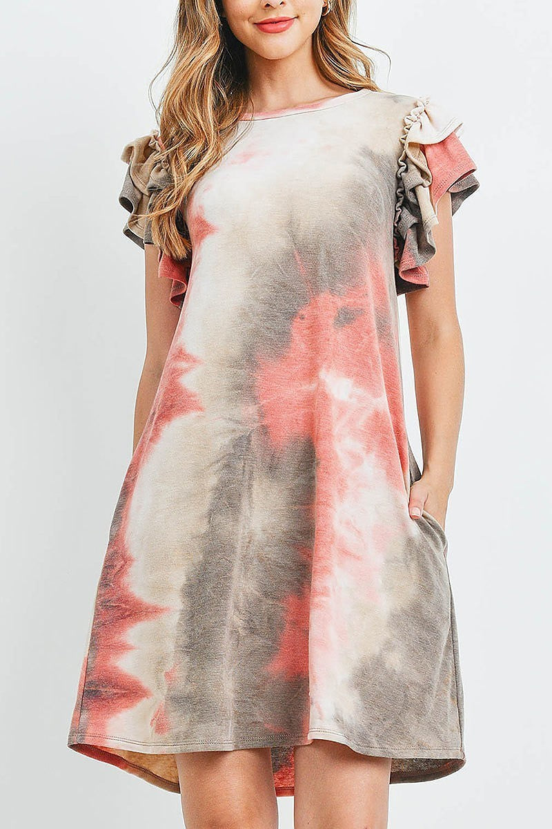 Layered ruffle sleeve tie dye pocket dress (DED6508)