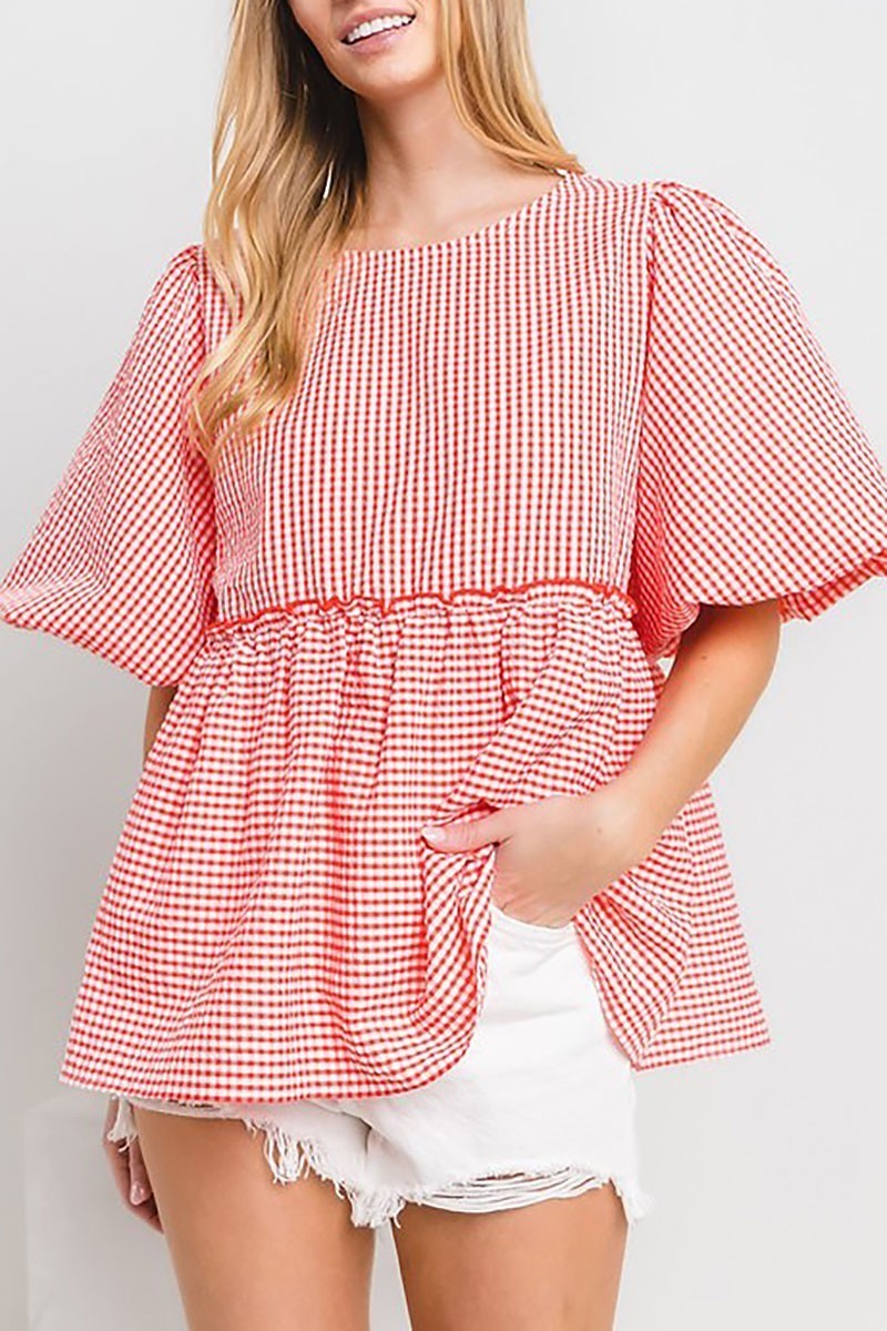 Gingham puff sleeves blouse top (EDSW4492)