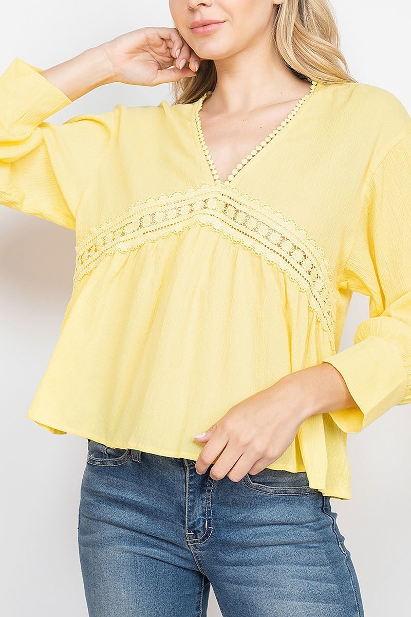 V neck lace trimmed bubble sleeve top (EF1800)