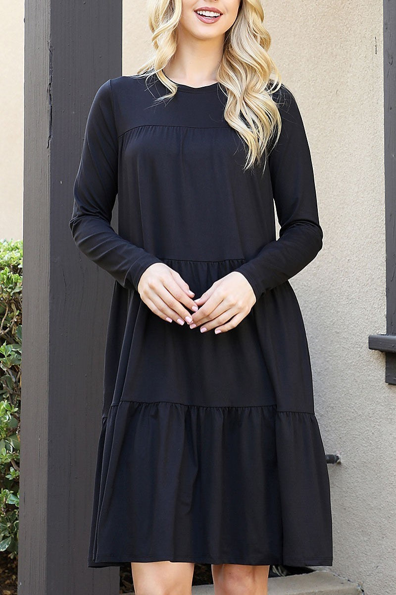 Solid long sleeve shirring tiered detailed dress (DED9802-2)