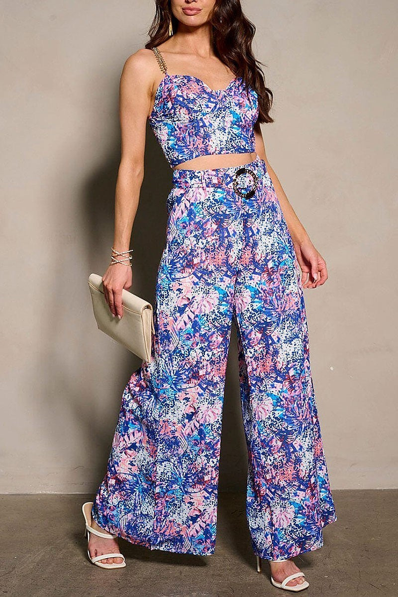 Sleeveless crop top & belted pants floral 2pc set (EFWT9498)