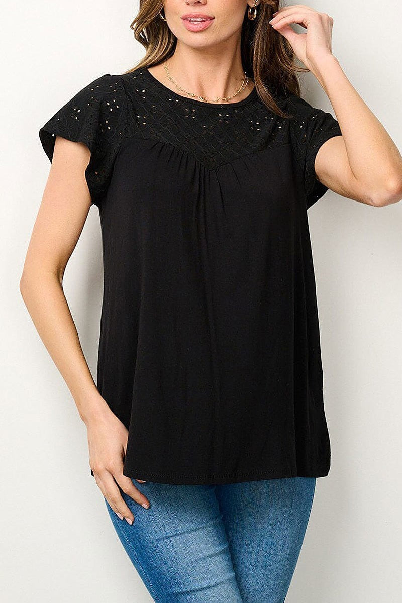 Short sleeve eyelet blouse top (EFWT7057)