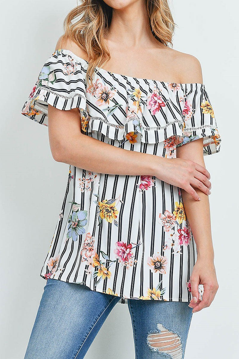 Off shoulder ruffle detail floral stripe top (ED8987-O3)