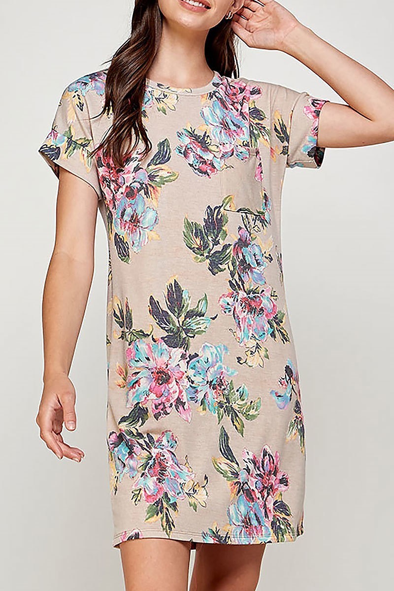 Round neck floral print pocket dress (DED6405)