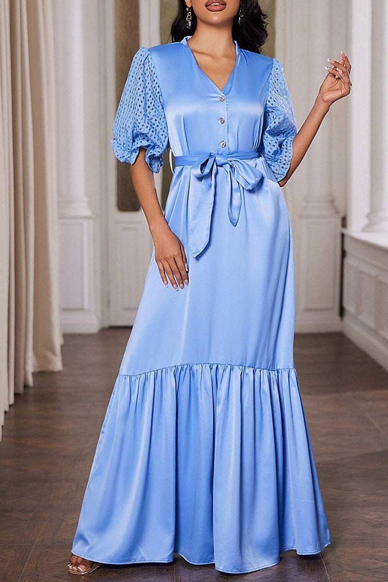 Short puff sleeve v-neck ruffle maxi dress (EGWT1099)