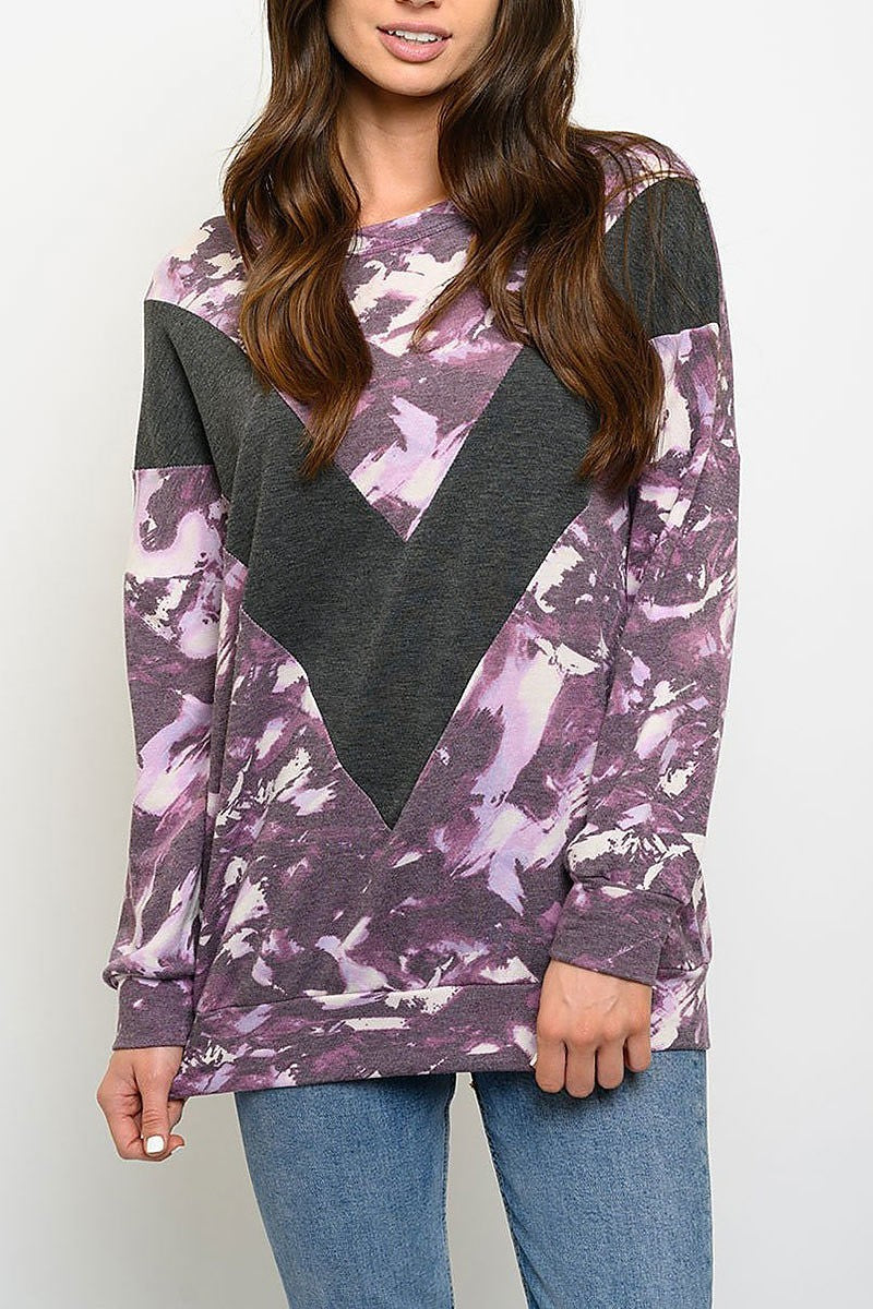 Long sleeve tie dye contrast top (EDWT3052)